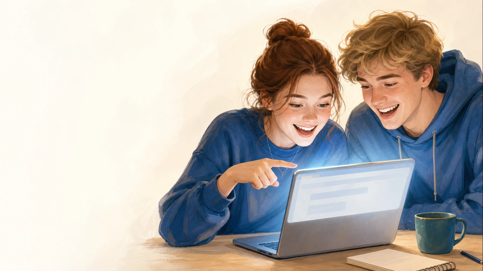 Two students at a laptop, one pointing at the screen, both breaking into a delighted laugh as something finally makes sense.